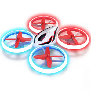 Toy drone with glowing red and blue lights on a white background